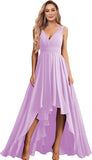Vestidos de dama de honor con escote en V para mujer, para boda, con bolsillos, de gasa fruncida, largos, formales, para fiesta de graduación y noche.