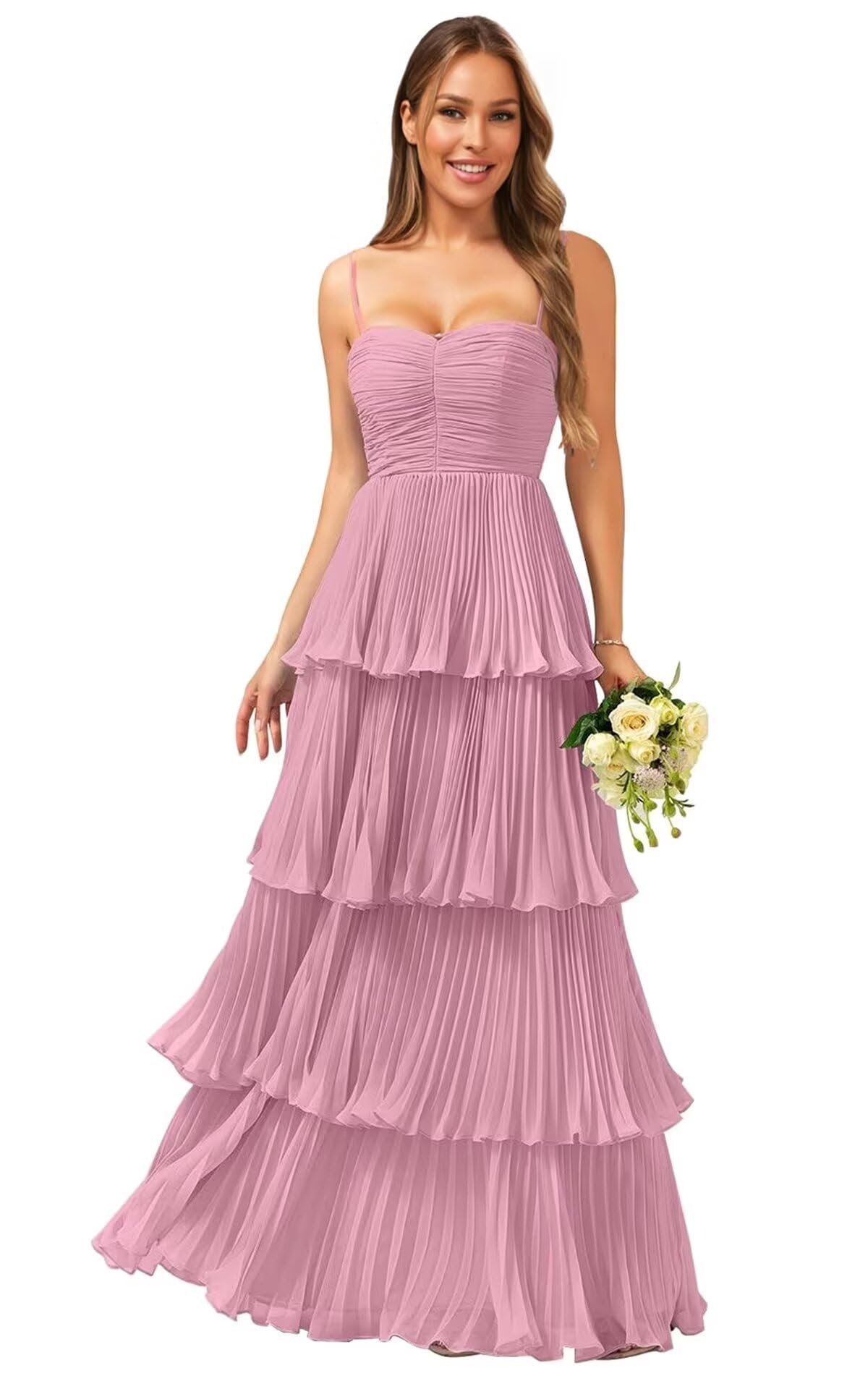 Tiered Ruffle Bridesmaid Dresses for Women Spaghetti Straps Long Chiffon Formal Evening Prom Gowns