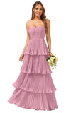 Tiered Ruffle Bridesmaid Dresses for Women Spaghetti Straps Long Chiffon Formal Evening Prom Gowns