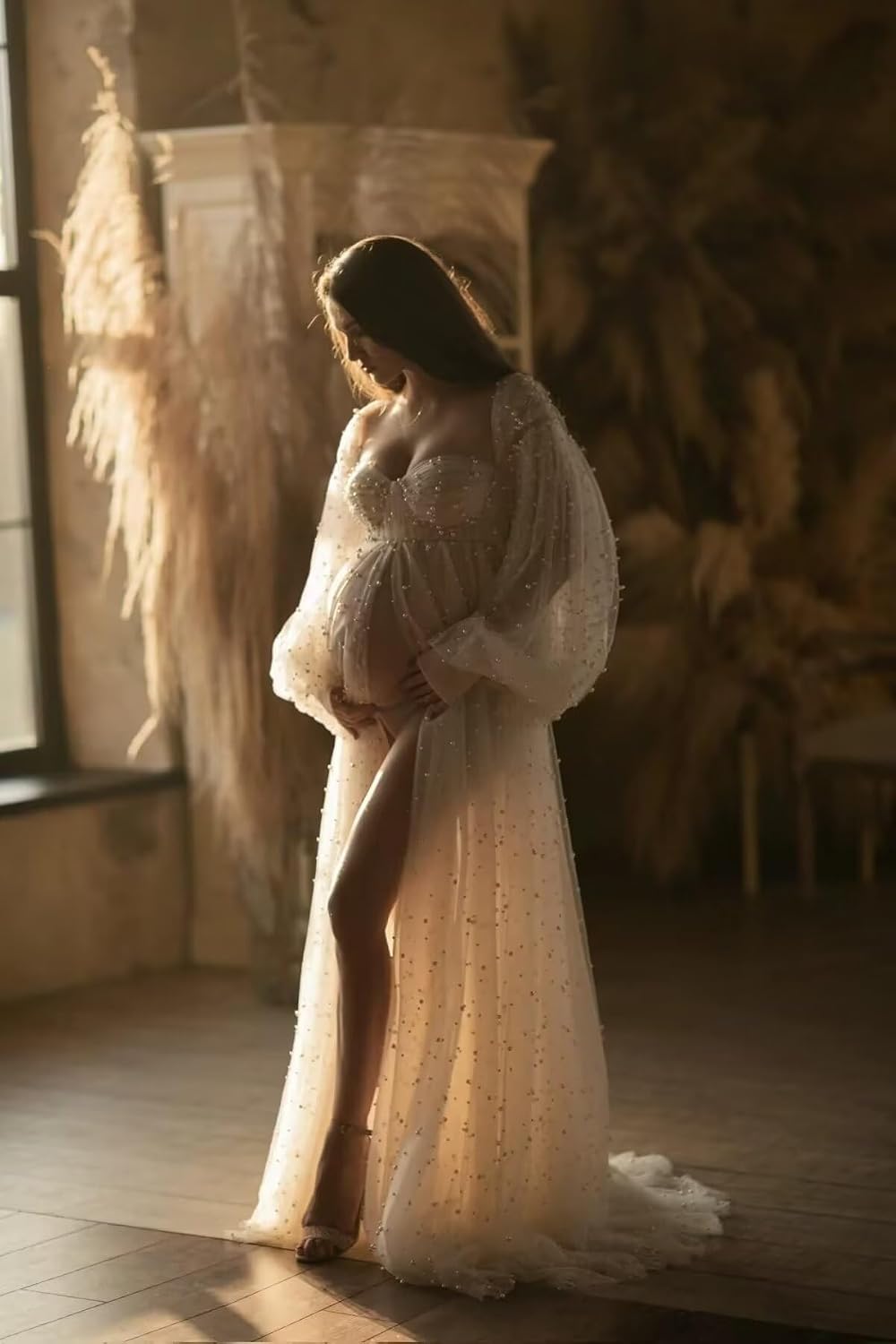 Kingbridal Pearl Tulle Maternity Dress for Photoshoot Long Puffy Sleeve Pregnancy Gown