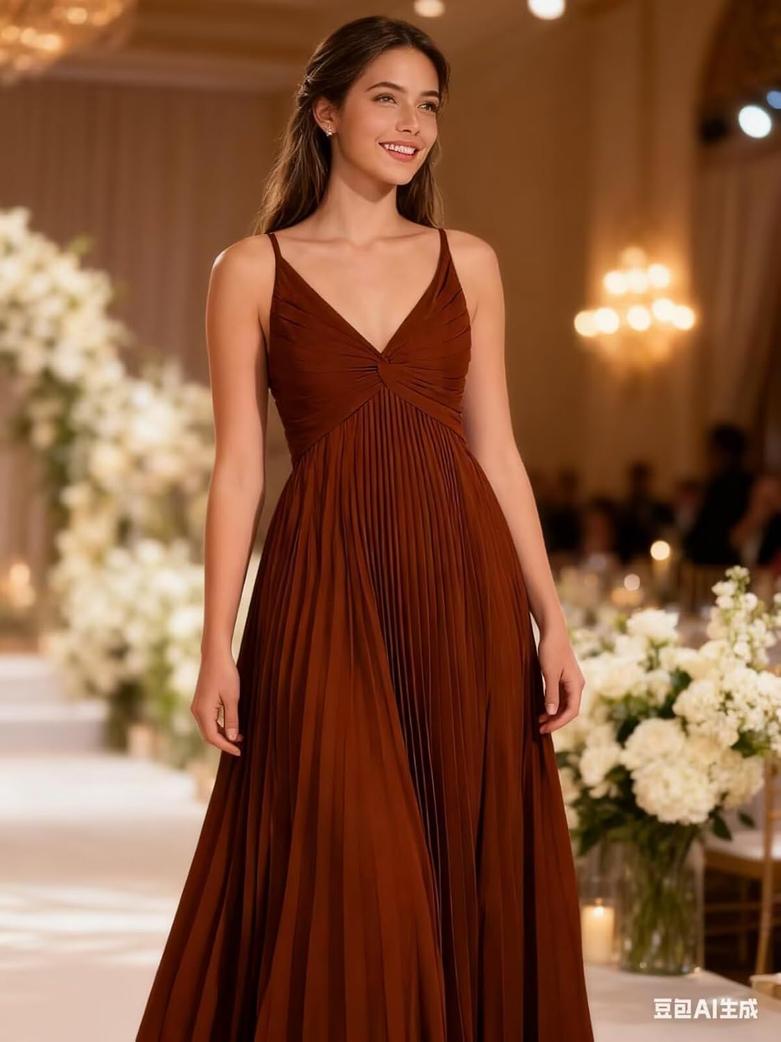 V-Neck Pleated Bridesmaid Dresses for Women Chiffon Spaghetti Straps Pleates Long Formal Wedding Guest Dress