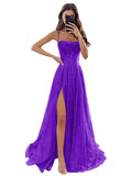 Women's Spaghetti Straps Glitter Tulle Prom Dress with Slit Cowl Neck Long Evening Formal Party Gown