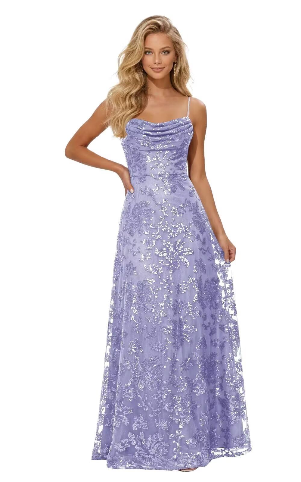 Lace Sequin Prom Dresses Spaghetti Straps A-Line Cowl Neck Pleated Sparkly Long Formal Evening Party Gowns