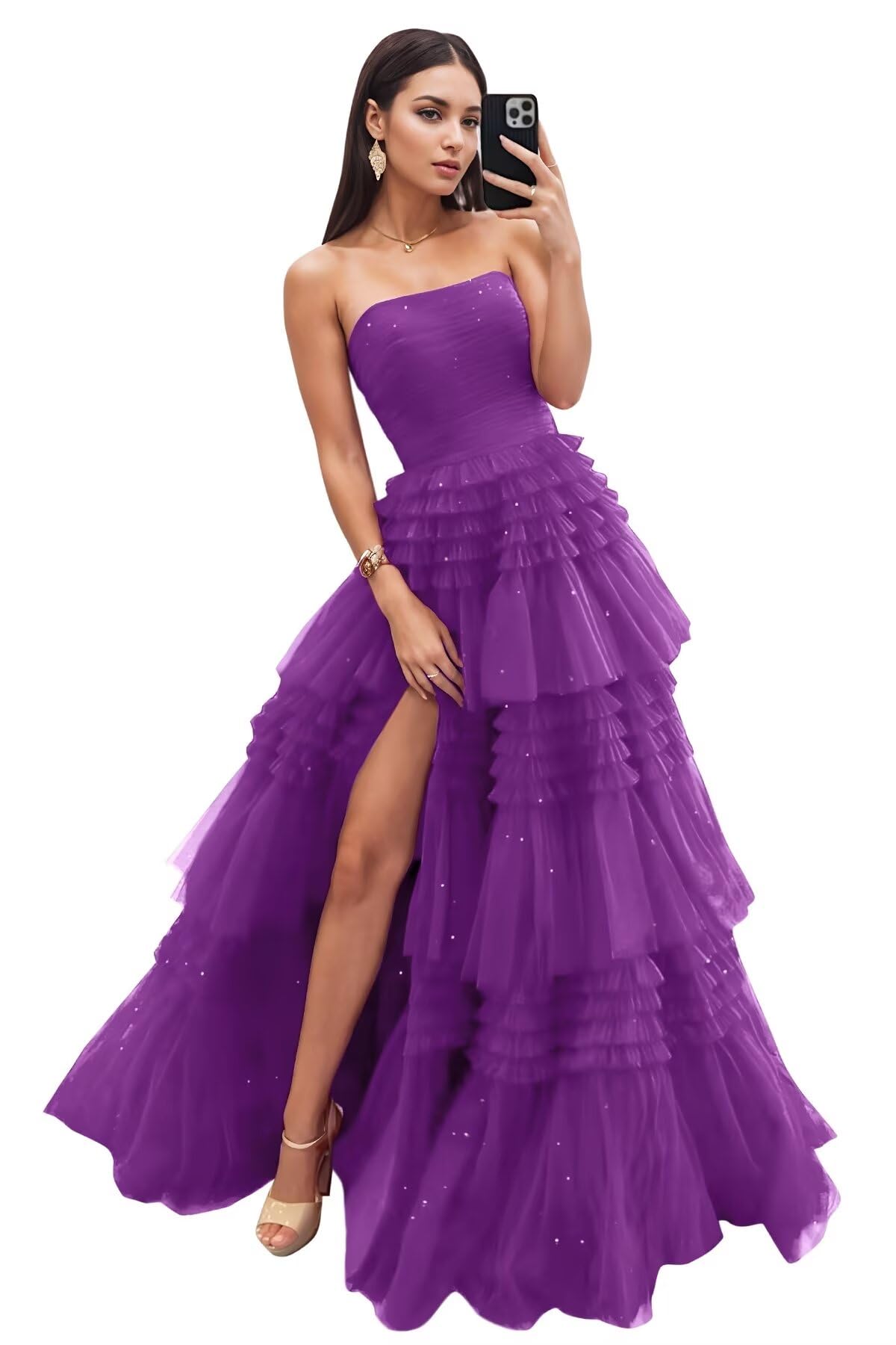 Strapless Tiered Tulle Prom Dresses for Women 2027 Long Sparkly A-Line Formal Evening Party Ball Gowns with Slit