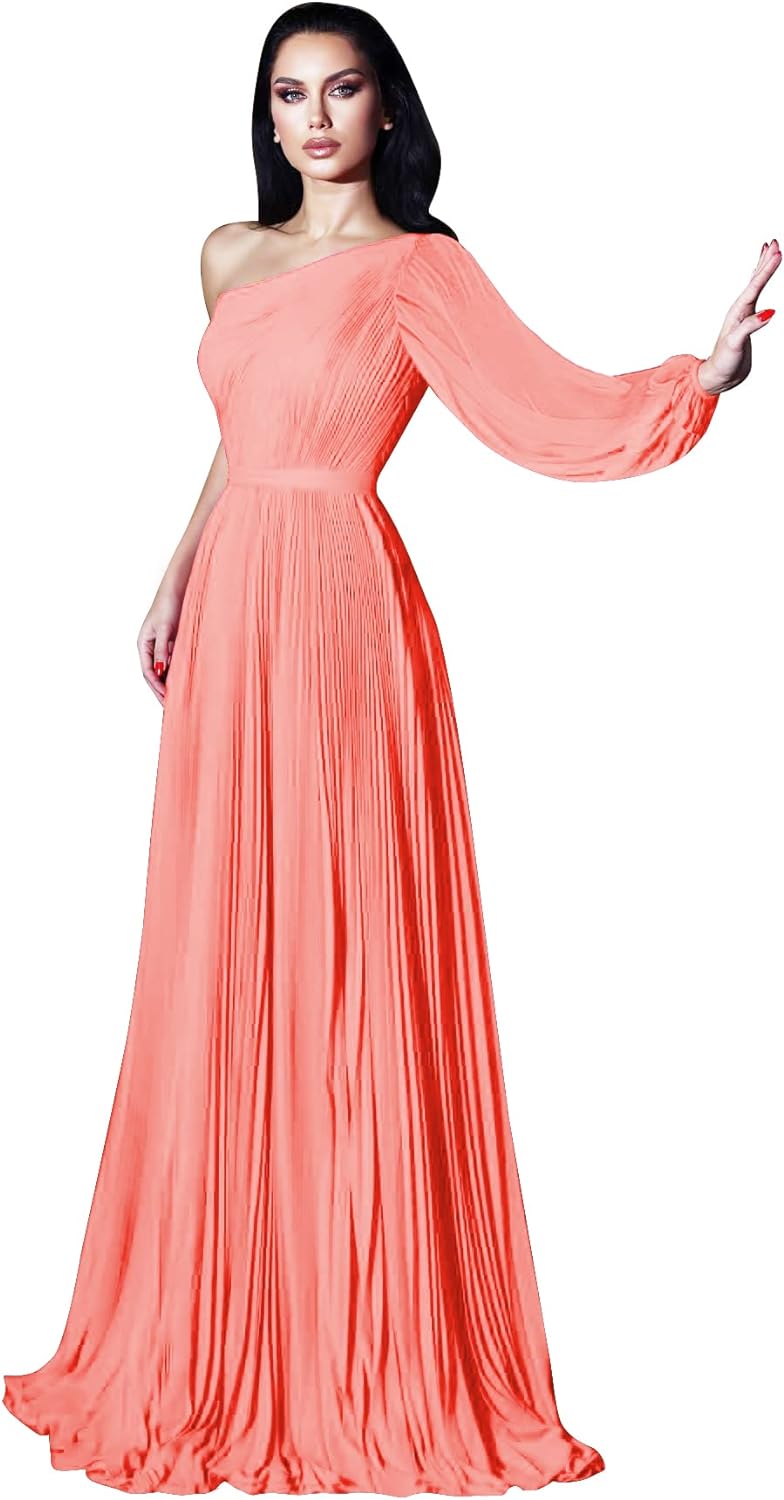 One Shoulder Mother of The Bride Dresses Long Sleeve Formal Dress Chiffon Evening Gowns for Women