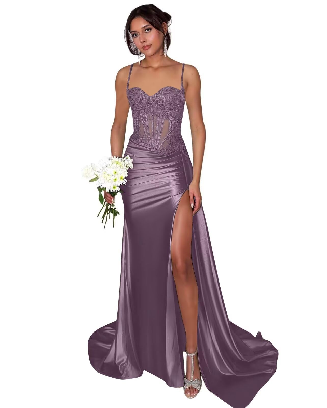 Lace Satin Prom Dresses for Women 2026 Long Mermaid Spaghetti Straps Corset Formal Evening Party Dress with Slit