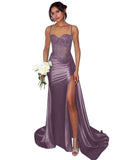 Lace Satin Prom Dresses for Women 2026 Long Mermaid Spaghetti Straps Corset Formal Evening Party Dress with Slit