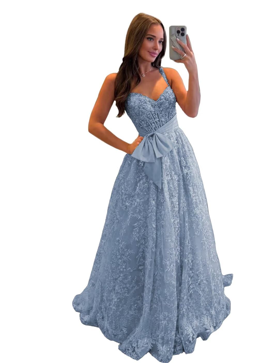 Lace Tulle Prom Dresses with Bow Appliques Corset A Line Long Formal Dress