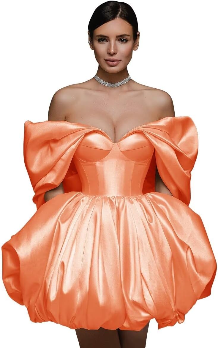 Off The Shoulder Short Wedding Dresses for Bride Puffy Satin Bridal Dresses w/Pockets Strapless Formal Ball Gowns