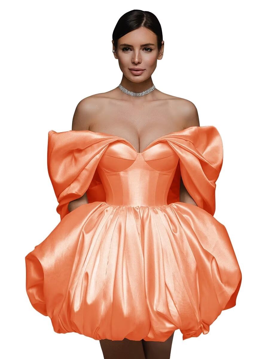 Off The Shoulder Short Wedding Dresses for Bride Puffy Satin Bridal Dresses w/Pockets Strapless Formal Ball Gowns