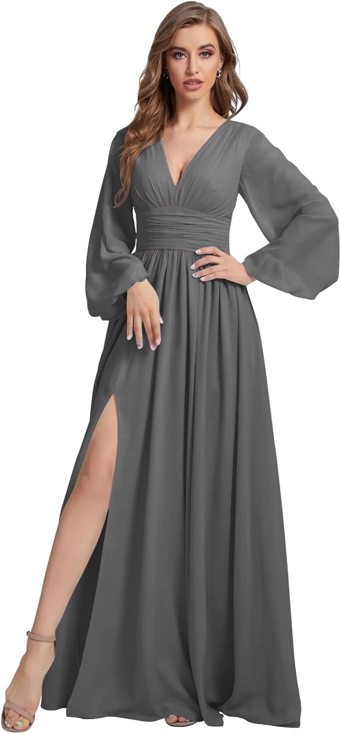 Womens V-Neck Long Sleeve Bridesmaid Dresses with Slit 2024 Ruched A-line Chiffon Prom Formal Dresses