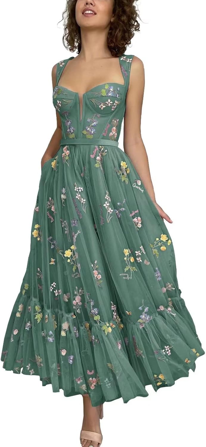 Vestidos de tul con bordado floral para mujer 2024, vestidos formales de fiesta de noche 