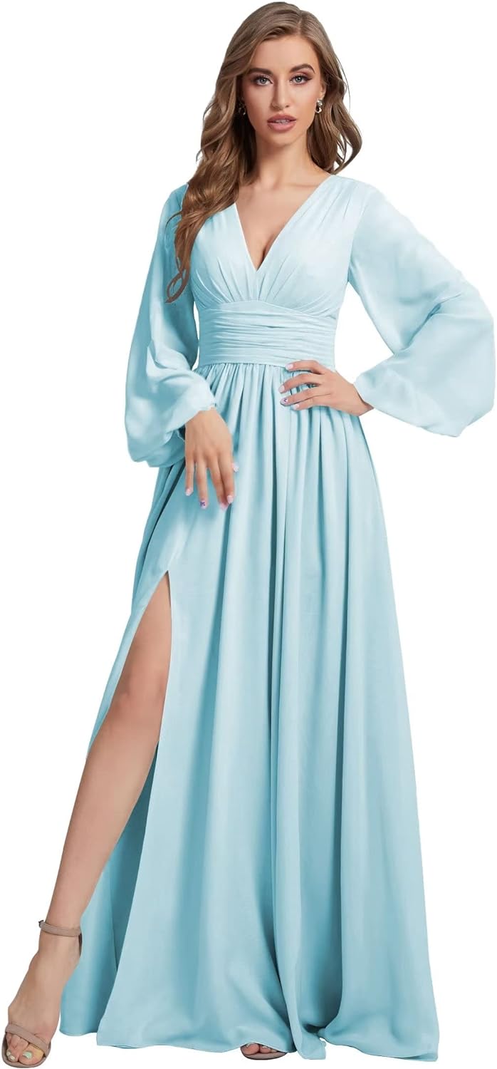 Womens V-Neck Long Sleeve Bridesmaid Dresses with Slit 2024 Ruched A-line Chiffon Prom Formal Dresses