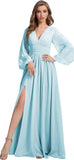 Womens V-Neck Long Sleeve Bridesmaid Dresses with Slit 2024 Ruched A-line Chiffon Prom Formal Dresses