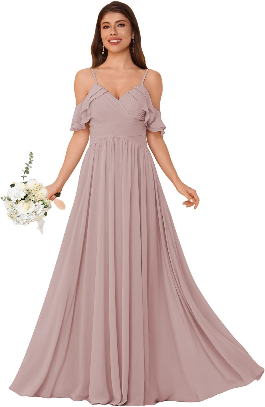 Women's Long Chiffon Bridesmaid Dresses Ruffle V Neck Formal Evening Prom Gown Spaghetti Strap Maxi Wedding Guest Dress