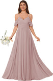 Women's Long Chiffon Bridesmaid Dresses Ruffle V Neck Formal Evening Prom Gown Spaghetti Strap Maxi Wedding Guest Dress