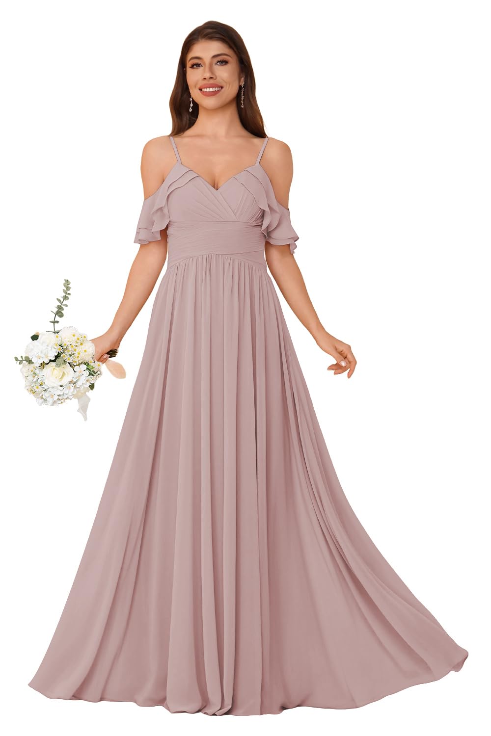 Women's Long Chiffon Bridesmaid Dresses Ruffle V Neck Formal Evening Prom Gown Spaghetti Strap Maxi Wedding Guest Dress