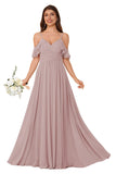 Women's Long Chiffon Bridesmaid Dresses Ruffle V Neck Formal Evening Prom Gown Spaghetti Strap Maxi Wedding Guest Dress
