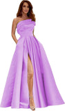 Women's One Shoulder Prom Dresses Long Satin Side Slit Formal Evening Gowns with Pockets