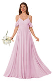 Women's Long Chiffon Bridesmaid Dresses Ruffle V Neck Formal Evening Prom Gown Spaghetti Strap Maxi Wedding Guest Dress