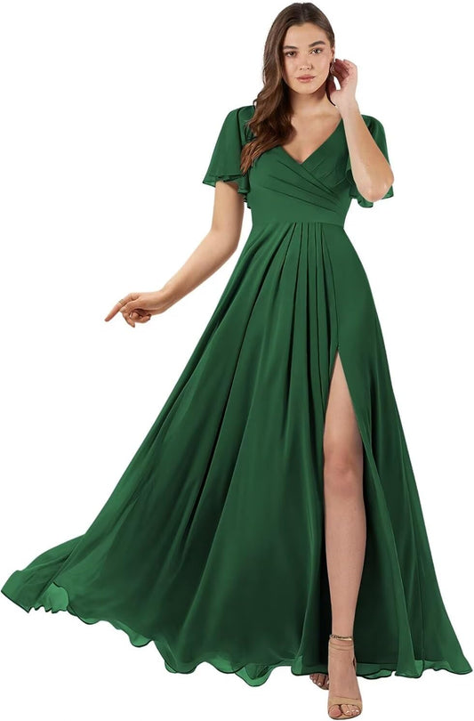 Women's Flutter Sleeve Bridesmaid Dresses Long with Slit V Neck Chiffon Formal Dresses