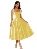 Jacquard Satin Prom Dresses 2026 Floral Square Neck Tea Length Ruched Elegant Formal Ball Gown with Pockets