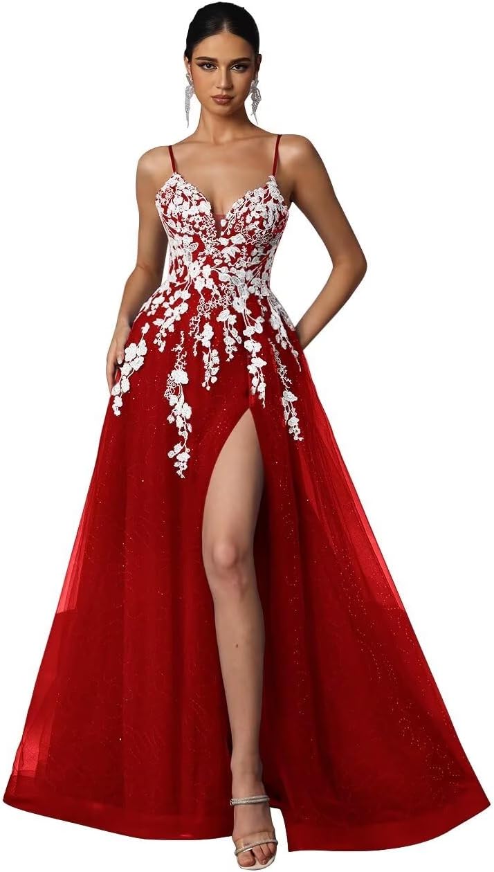 Tulle Prom Dresses 2027 Puffy Ball Gown for Women Formal V Neck Lace Appliques Evening Gown with Slit Long Homecoming Dress