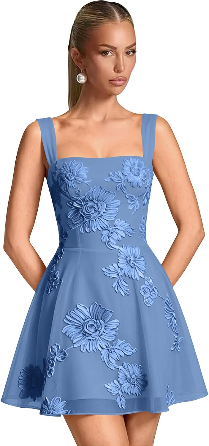 Floral Tulle Homecoming Dresses Short Embroidery Lace A-Line Mini Formal Graduation Cocktail Gown