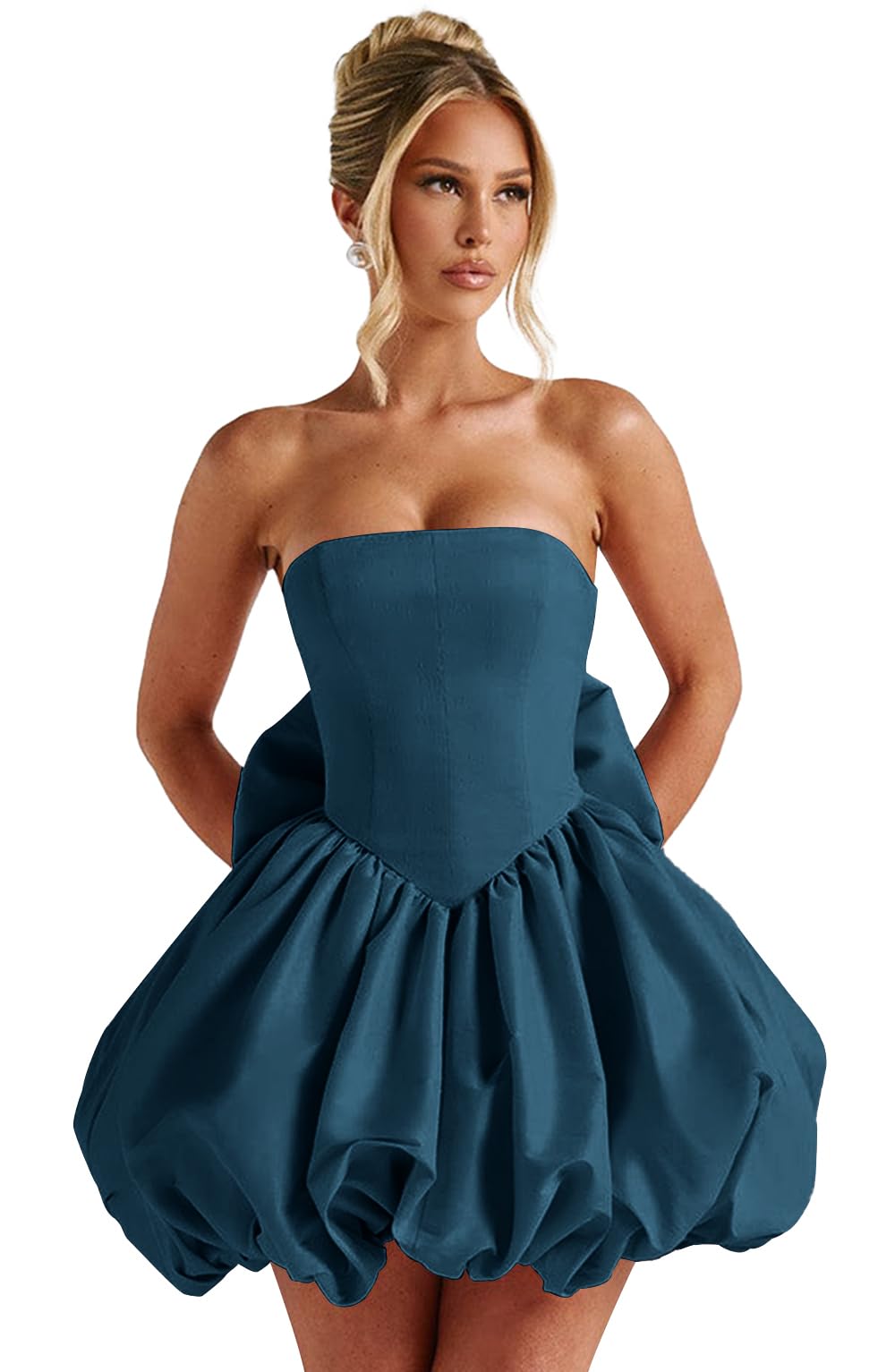 Satin Flower Bud Homecoming Dress Short Prom Dress with Bow Strapless A Line Mini Cocktail Party Gown