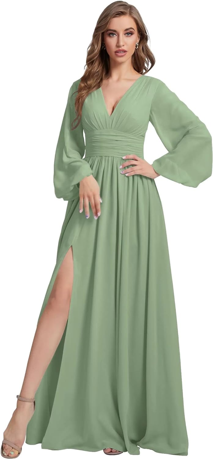 Womens V-Neck Long Sleeve Bridesmaid Dresses with Slit 2024 Ruched A-line Chiffon Prom Formal Dresses