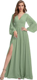 Womens V-Neck Long Sleeve Bridesmaid Dresses with Slit 2024 Ruched A-line Chiffon Prom Formal Dresses