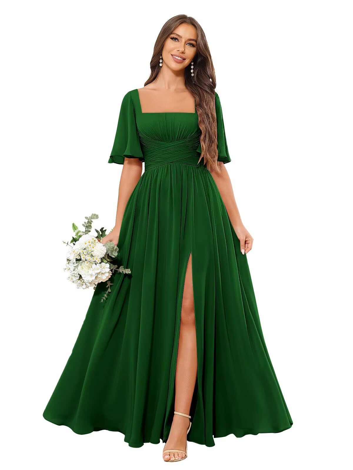 Square Neck Bridesmaid Dresses with Slit Pockets Flutter Sleeve Long Chiffon Formal Wedding Guest Dress