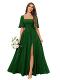 Square Neck Bridesmaid Dresses with Slit Pockets Flutter Sleeve Long Chiffon Formal Wedding Guest Dress