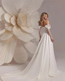 Off Shoulder Satin Wedding Dresses Lace Long Sleeve Prom Dresses Corset A-Line Ball Gowns with Slit