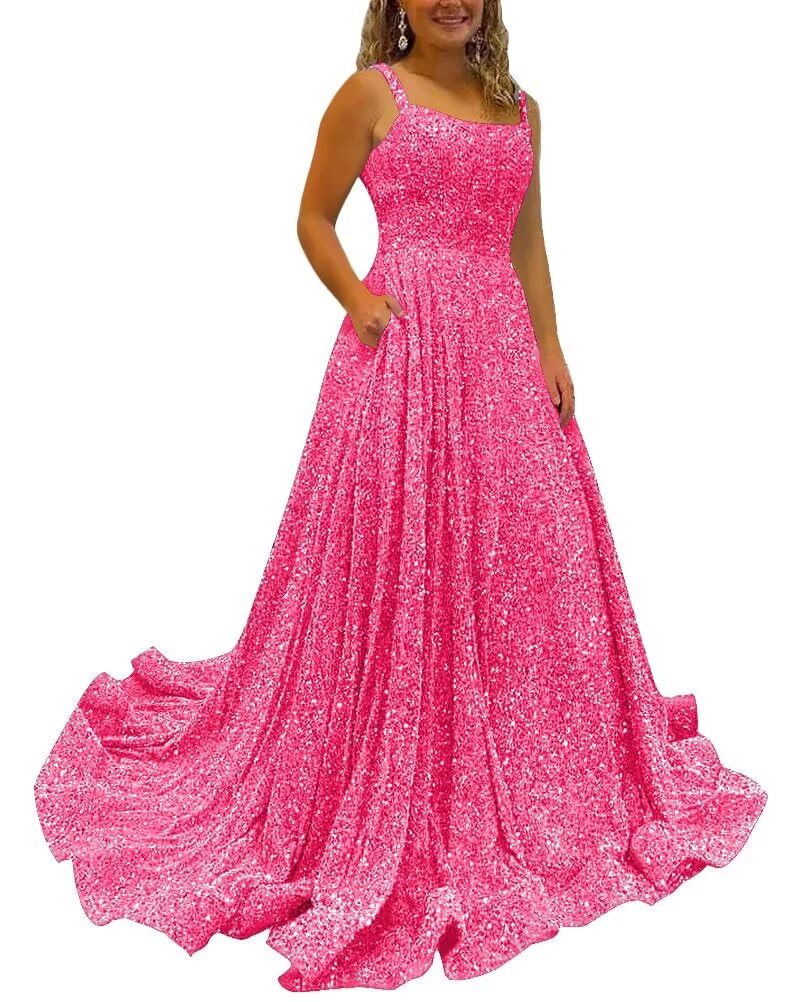 Kingbridal Gowns Spaghetti Straps Prom Dresses Long for Women 2026 A Line Sequin Satin Formal Evening Party Ball Gowns with Slit