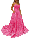 Kingbridal Gowns Spaghetti Straps Prom Dresses Long for Women 2026 A Line Sequin Satin Formal Evening Party Ball Gowns with Slit