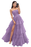 Strapless Tiered Tulle Prom Dresses for Women 2027 Long Sparkly A-Line Formal Evening Party Ball Gowns with Slit