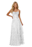 Lace Sequin Prom Dresses Spaghetti Straps A-Line Cowl Neck Pleated Sparkly Long Formal Evening Party Gowns