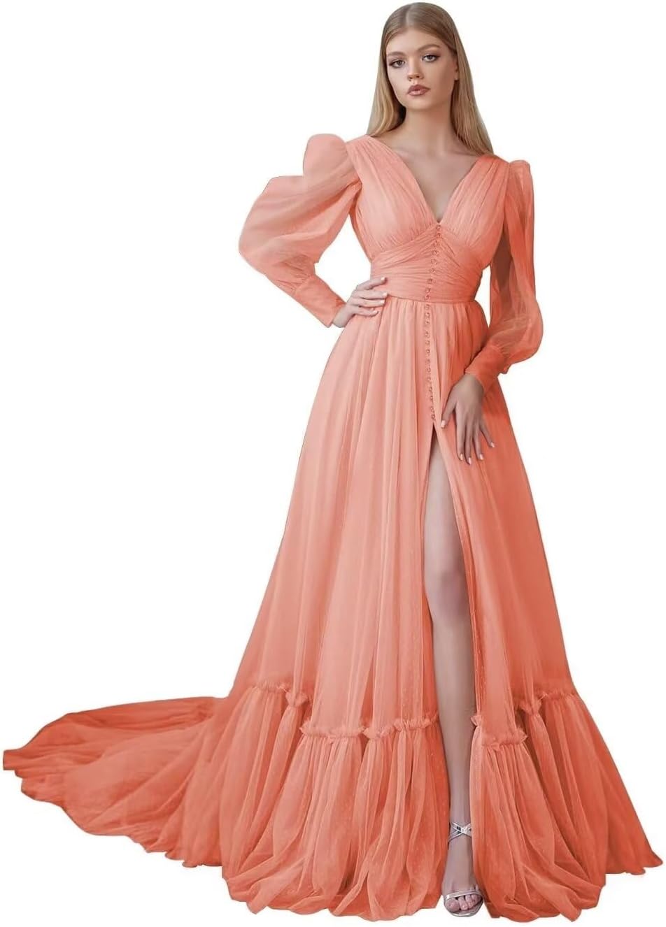 Puffy Sleeve Tulle Prom Dresses Long Ball Gown with Slit for Women 2027 V Neck Long Formal Evening Gowns