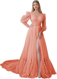 Puffy Sleeve Tulle Prom Dresses Long Ball Gown with Slit for Women 2027 V Neck Long Formal Evening Gowns