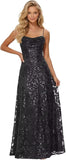 Lace Sequin Prom Dresses Spaghetti Straps A-Line Cowl Neck Pleated Sparkly Long Formal Evening Party Gowns