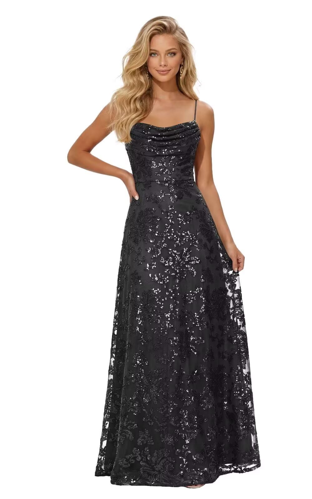 Lace Sequin Prom Dresses Spaghetti Straps A-Line Cowl Neck Pleated Sparkly Long Formal Evening Party Gowns