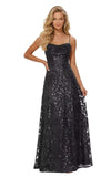 Lace Sequin Prom Dresses Spaghetti Straps A-Line Cowl Neck Pleated Sparkly Long Formal Evening Party Gowns