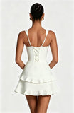 Spaghetti Straps Satin Homecoming Dresses for Teens 2026 Square Neck Tiered Ruffles Short Prom Dress