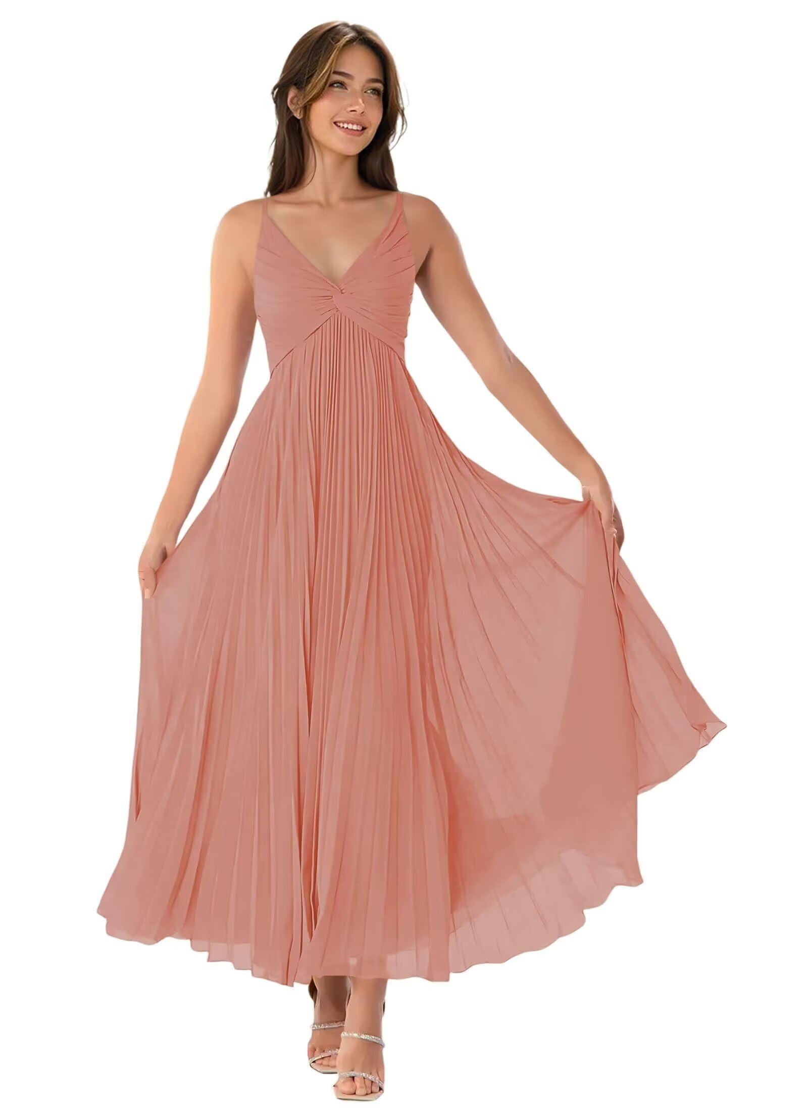V-Neck Pleated Bridesmaid Dresses for Women Chiffon Spaghetti Straps Pleates Long Formal Wedding Guest Dress