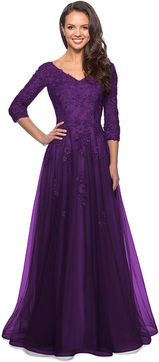 Women's Floral Lace Appliques 3/4 Sleeve Mother of The Bride Dresses Long V Neck Formal Dresses with Pockets
