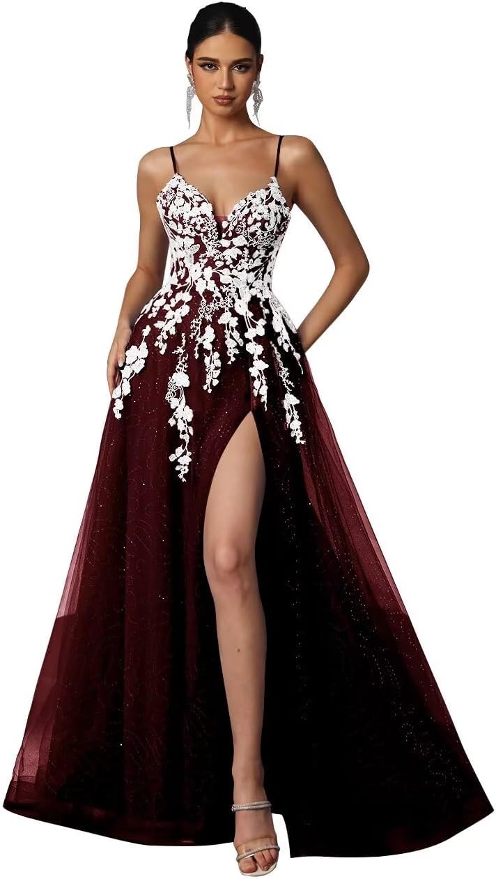 Tulle Prom Dresses 2027 Puffy Ball Gown for Women Formal V Neck Lace Appliques Evening Gown with Slit Long Homecoming Dress