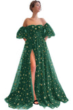 Off Shoulder Sparkly Tulle Long Prom Dress A Line for Women Formal Evening Dresses