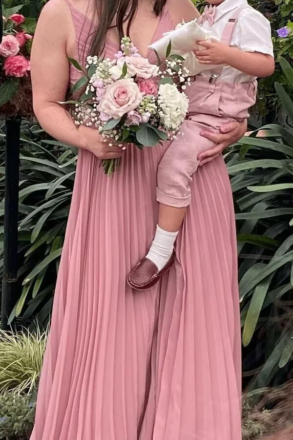 V-Neck Pleated Bridesmaid Dresses for Women Chiffon Spaghetti Straps Pleates Long Formal Wedding Guest Dress