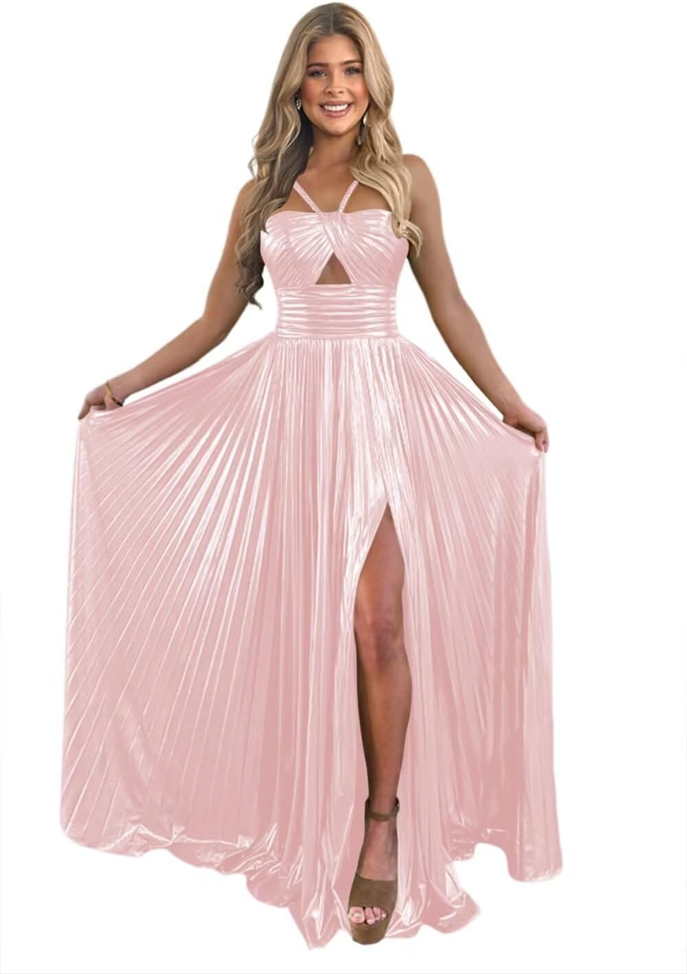 Vestido de fiesta de satén metálico brillante con abertura para mujer, vestido formal de noche plisado con cuello halter 